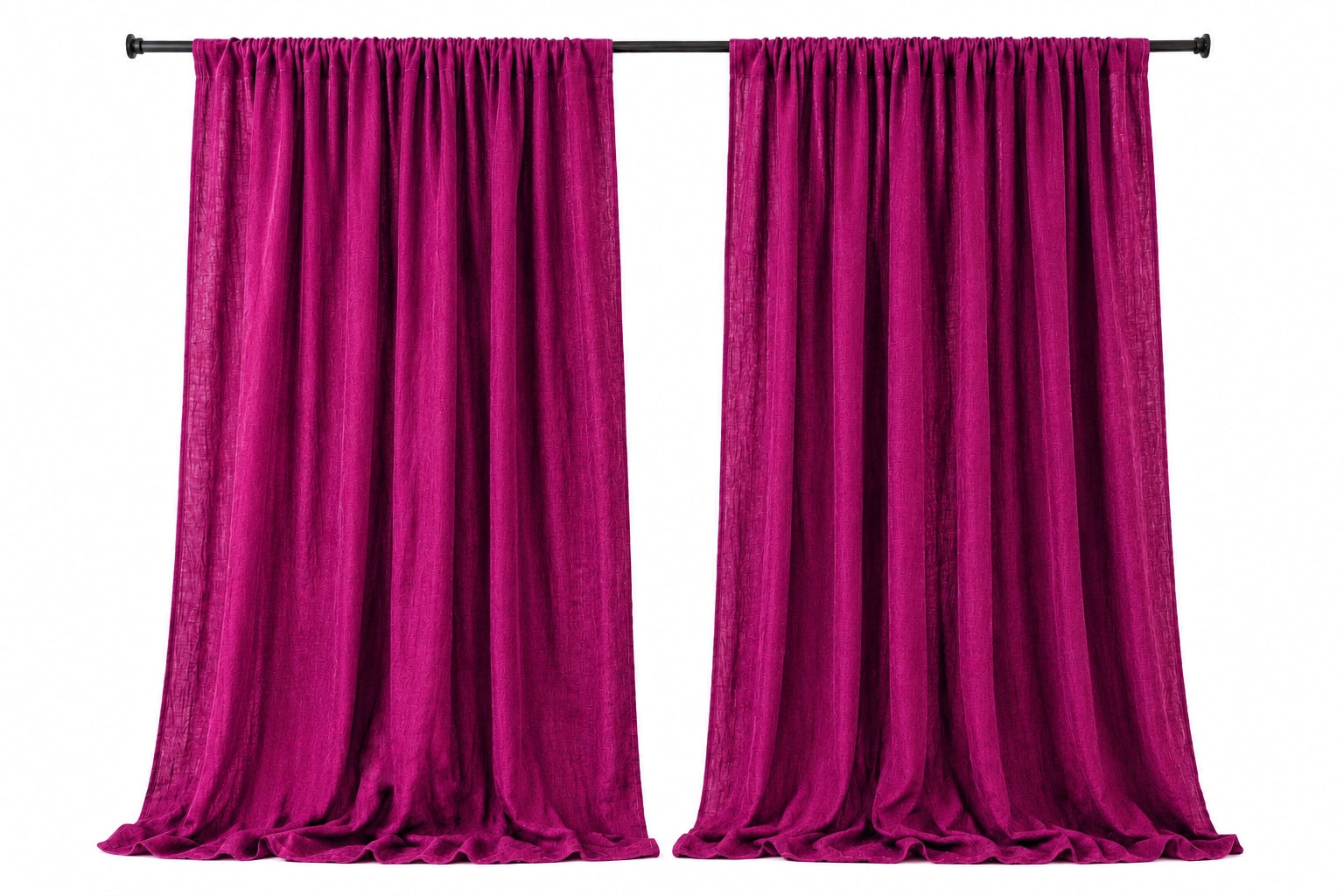 pair of magenta lightweight drapes hanging from a curtain rod against a plain white background
