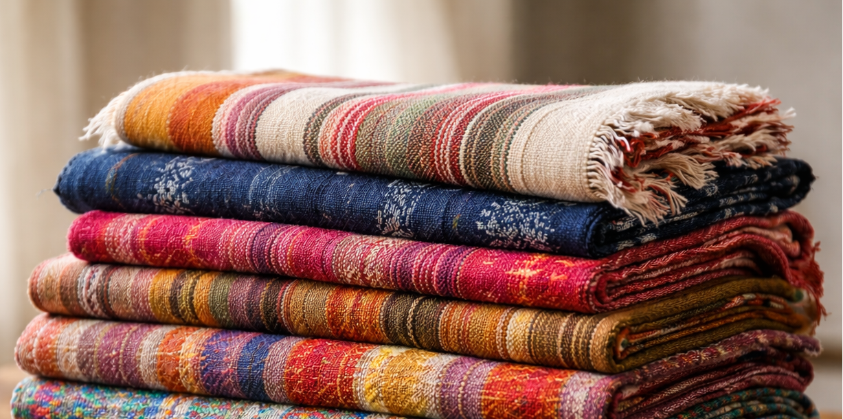 Stack of colorful woven fabrics on a wooden table with natural light.