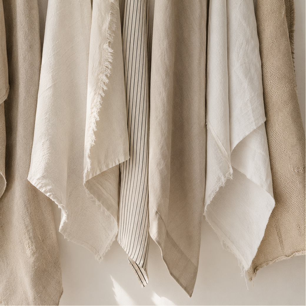 Beige and brown textured fabric draped over a neutral background