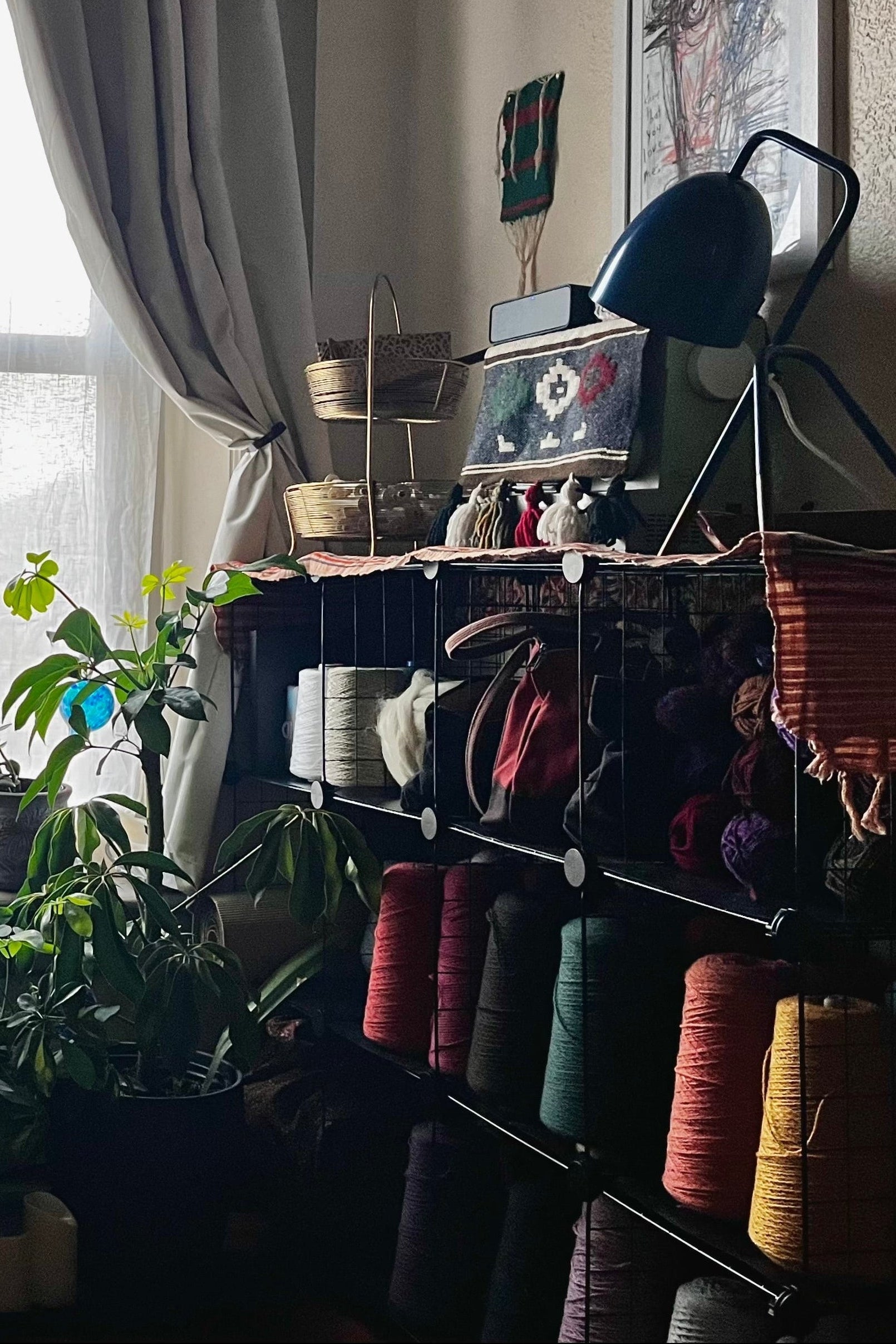 Room with a shelf holding yarn and craft supplies, plants, and a window.